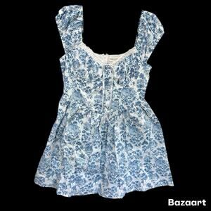 EUC Mixed Threads Blue and White Puff Sleeve Dress Lined Sz L Cottage Coquette